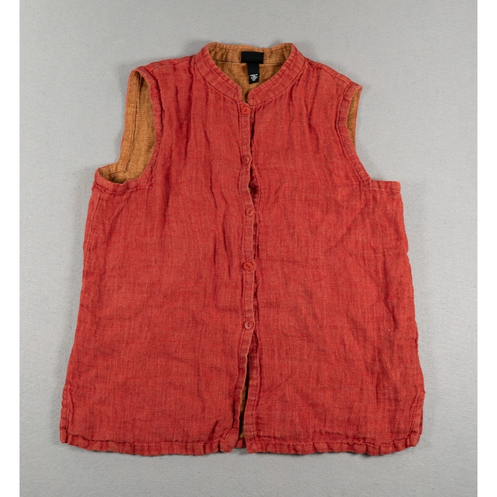 Eileen Fisher Irish Linen Mandarin Collar Button Front Vest Orange XS